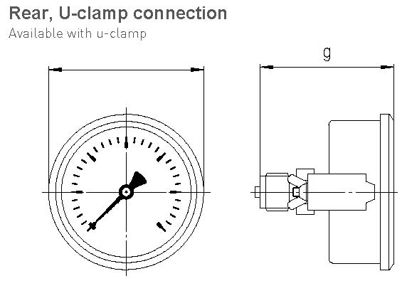 Sika Bourdon tube pressure gauge, marine version, Type MRE-M, crimped-on ring case, stainless steel, nominal size 63mm, filled with glycerin, display range 0…+16 bar, central back connection, u-clamp, G1/4, brass